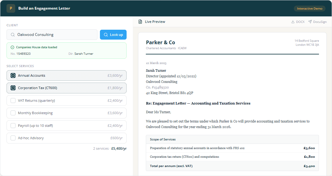 Practice management for a UK accounting firm platform screenshot